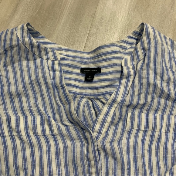Ann Taylor 100%LINEN Blue White Striped Top Sz S - Picture 7 of 9
